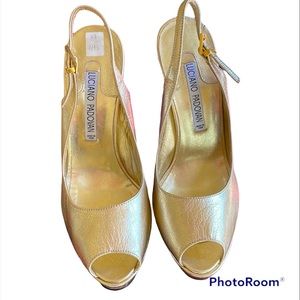 LUCIANO PADOVAN gold leather, peep toe platforms, size 37